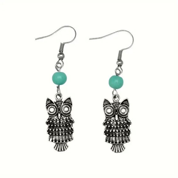 Boho Turquoise Owl Dangle Earrings - Picture 5 of 8
